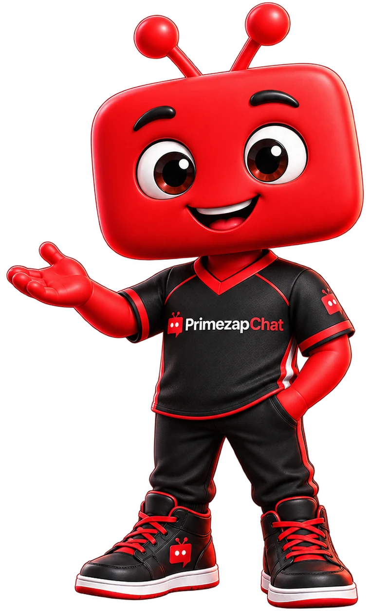 Mascote oficial do PrimezapChat, personagem 3D vermelho com antenas e camisa preta