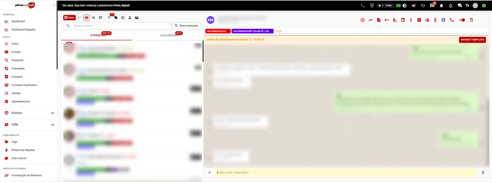 Tela de atendimento do PrimezapChat com a lista de conversas à esquerda e o chat aberto à direita