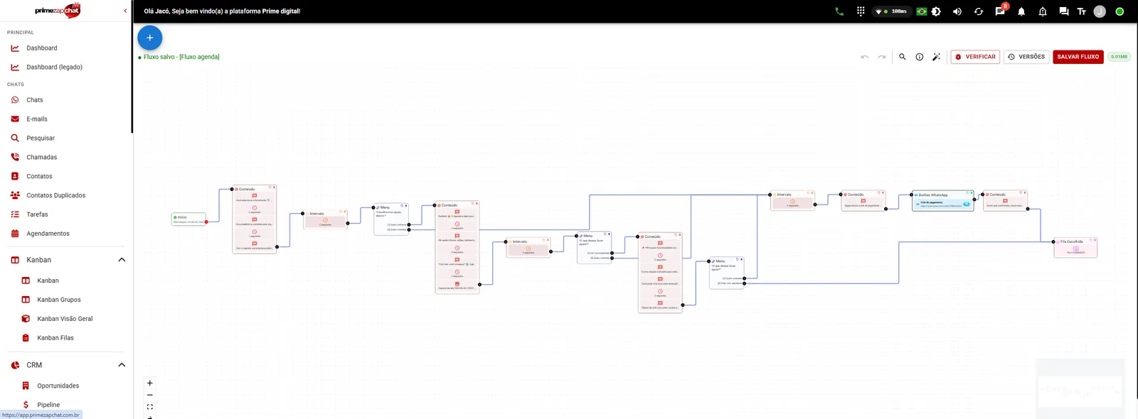 FlowBuilder do PrimezapChat com um fluxo de automação montado visualmente por blocos